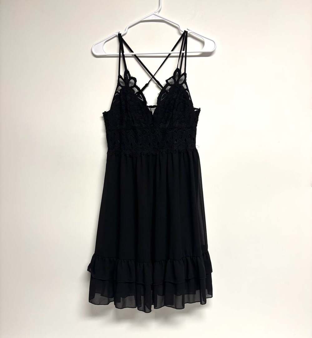 Love Tree Mini Dress Size L Black Lace Trim Cami Chiffon Ruffle